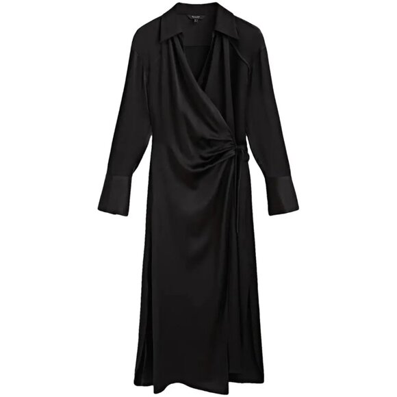 Massimo Dutti Maxi Wrap Black Satin Shirt Dress Size XS New With Tags - Picture 5 of 16